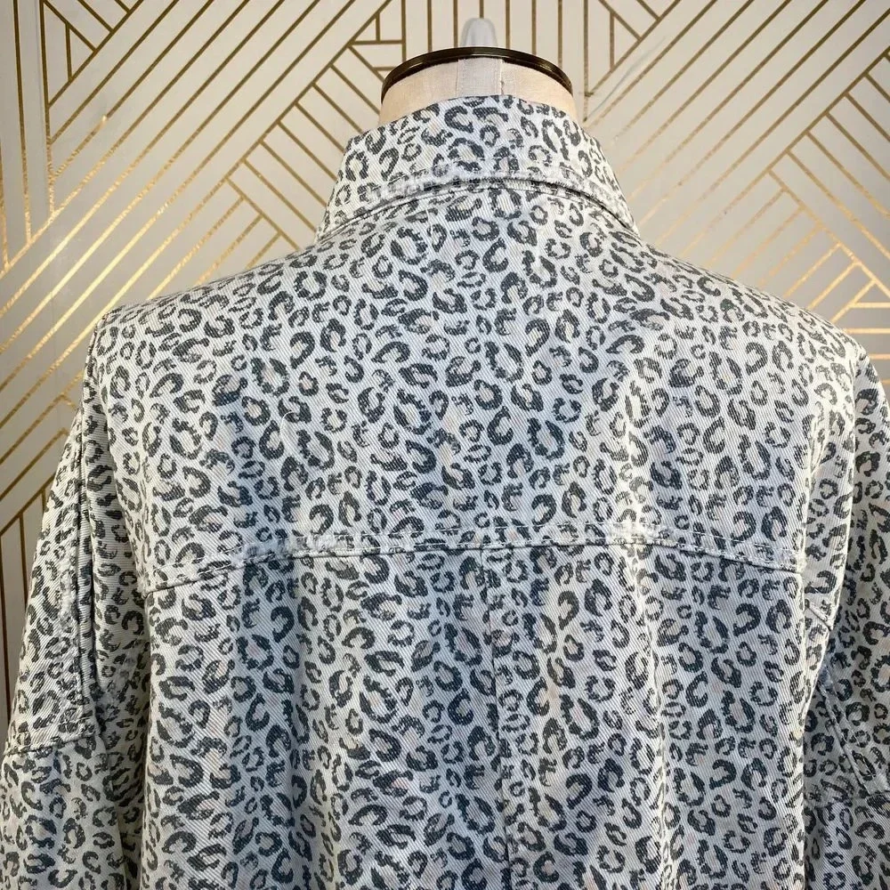 Zara Jacket Animal Print Overshirt Button Down Frayed Leopard‎ Gray Size Small